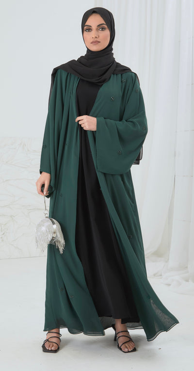 green open abaya with scattered floral embellishments