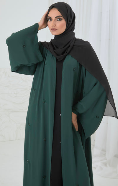 green open abaya with scattered floral embellishments