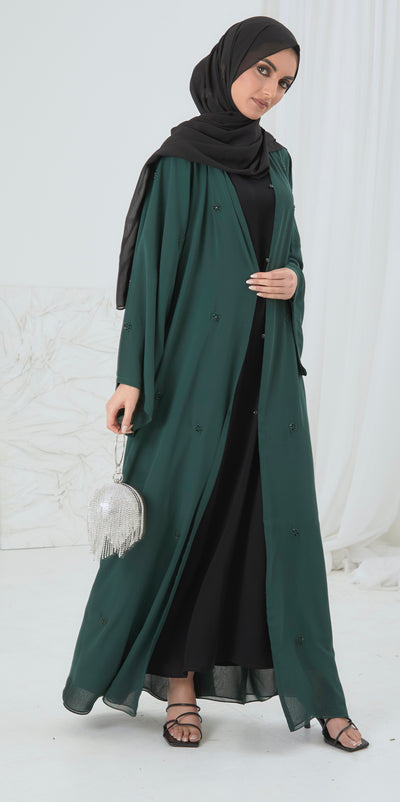 green open abaya with scattered floral embellishments